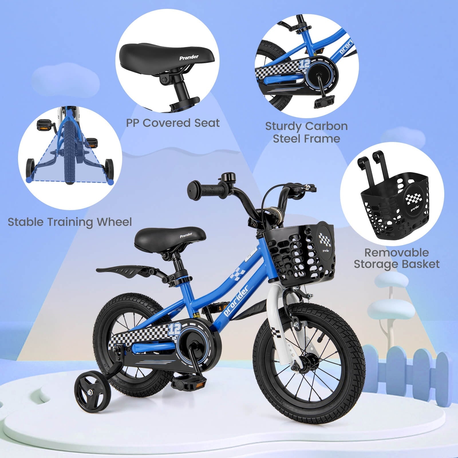 Costway 14'' Kid's Bike with Removable Training Wheels & Basket for 3-5 Years Old White