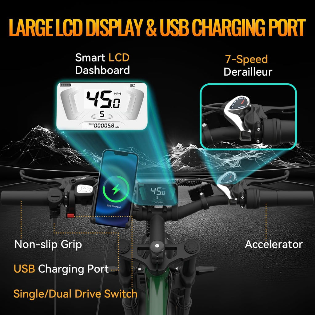 5000W Electric Bike for Adults, 52V 25Ah Max 45 mph 100 Miles, 26 Fat Tires City Commuting Ebike 7 Speed for Off-Road Mountain Riding UL 2849