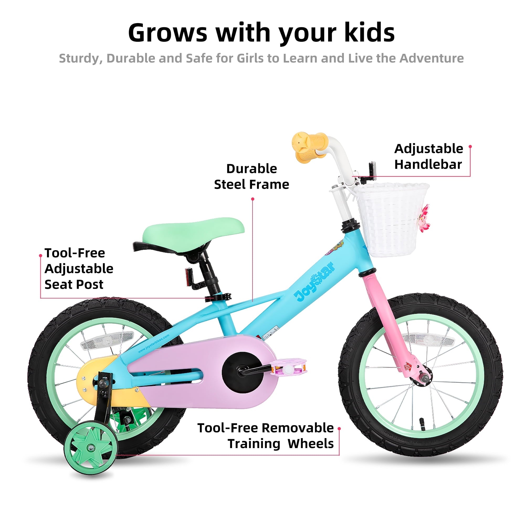 JOYSTAR 12 14 16 Kids Bike for 2-7 Years Girls 33-53 Inch Tall, Rainbow Toddler Bicycle with Basket, Training Wheels & Coaster Brake, 85% Assembled, Macarons