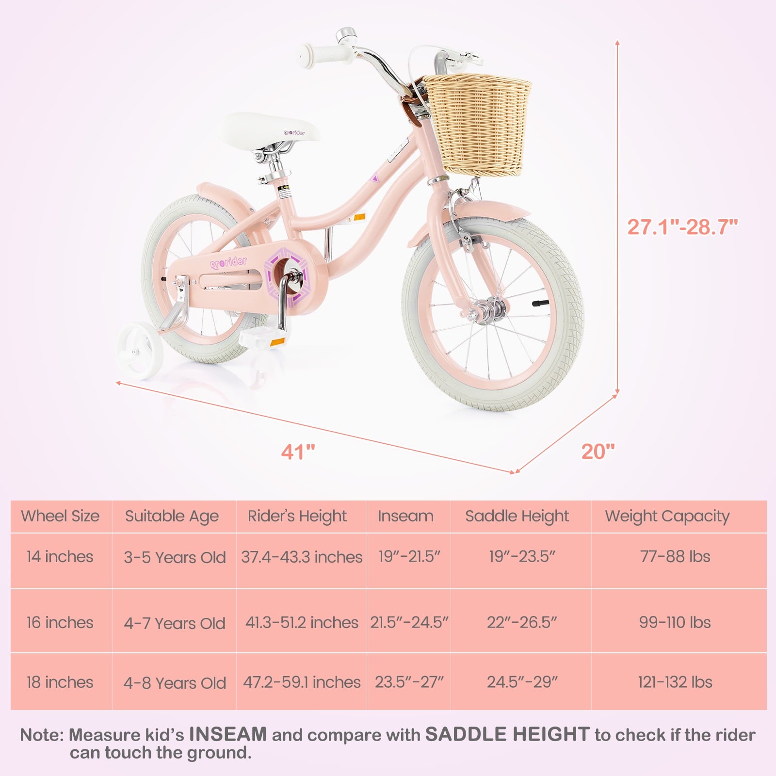 Costway 14 Kid's Bike with Training Wheels Adjustable Handlebar Seat Handbrake Pink