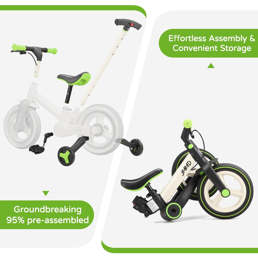 JMMD Toddler Bike with Push Handle for Kid 18-60 Months, 6 in 1 Foldable Tricycle with Training Wheel, Pedals, Kid Balance Bike for Boy & Girl, Black