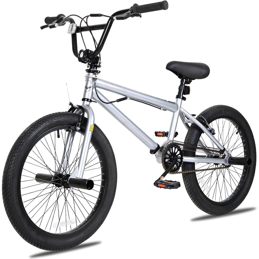 Hykolity 20 inch BMX Bike Freestyle Cycling Trick Bicycle with 4 Pegs for Teenage Adults Men Women Beginners Street Stunt Bike V-Brake Silver
